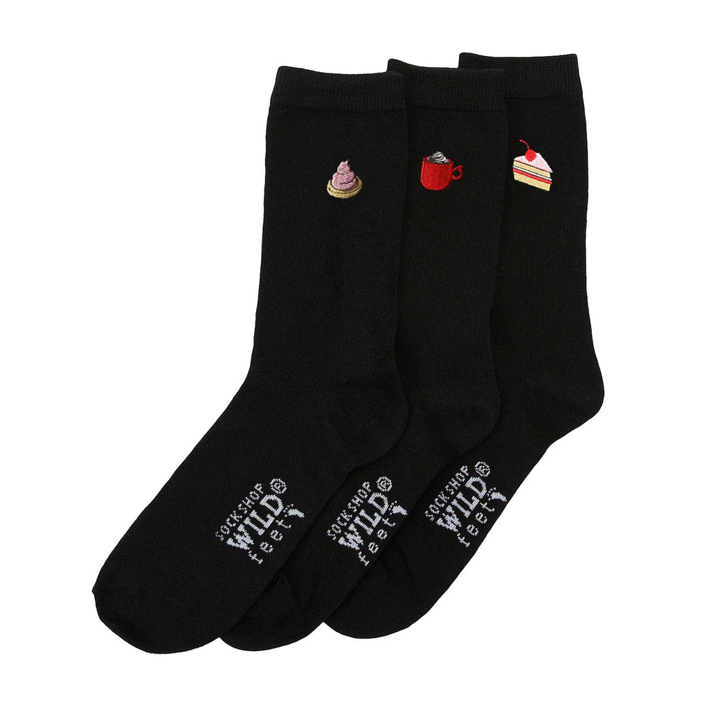 6 Pairs Ladies Multipack Black Novelty Socks: Embroidered Crew Cotton Socks