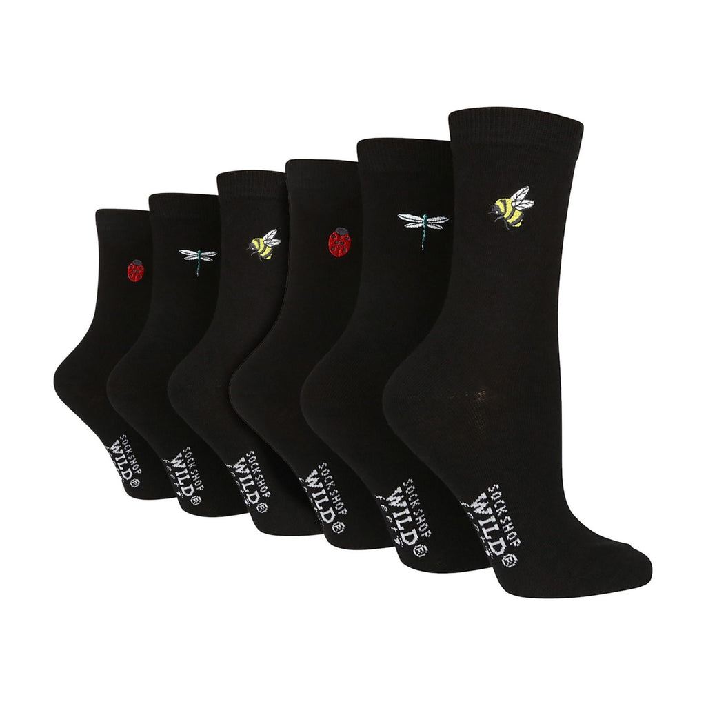 6 Pairs Ladies Multipack Black Novelty Socks: Embroidered Crew Cotton Socks