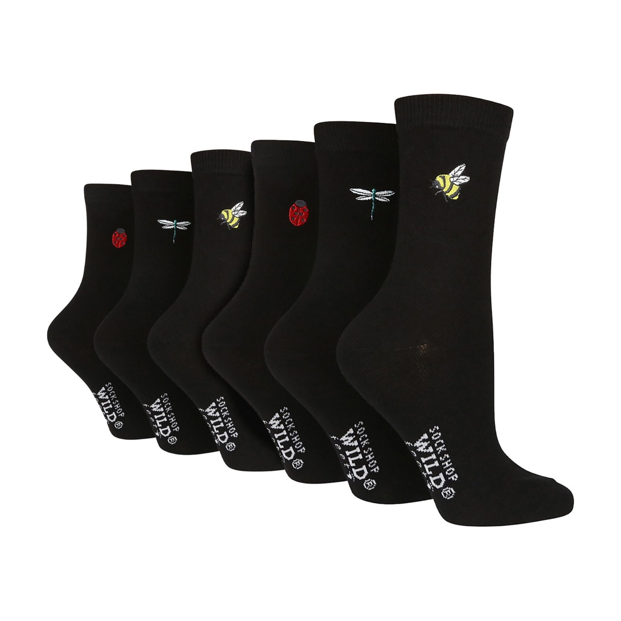 6 Pairs Ladies Multipack Black Novelty Socks: Embroidered Crew Cotton Socks