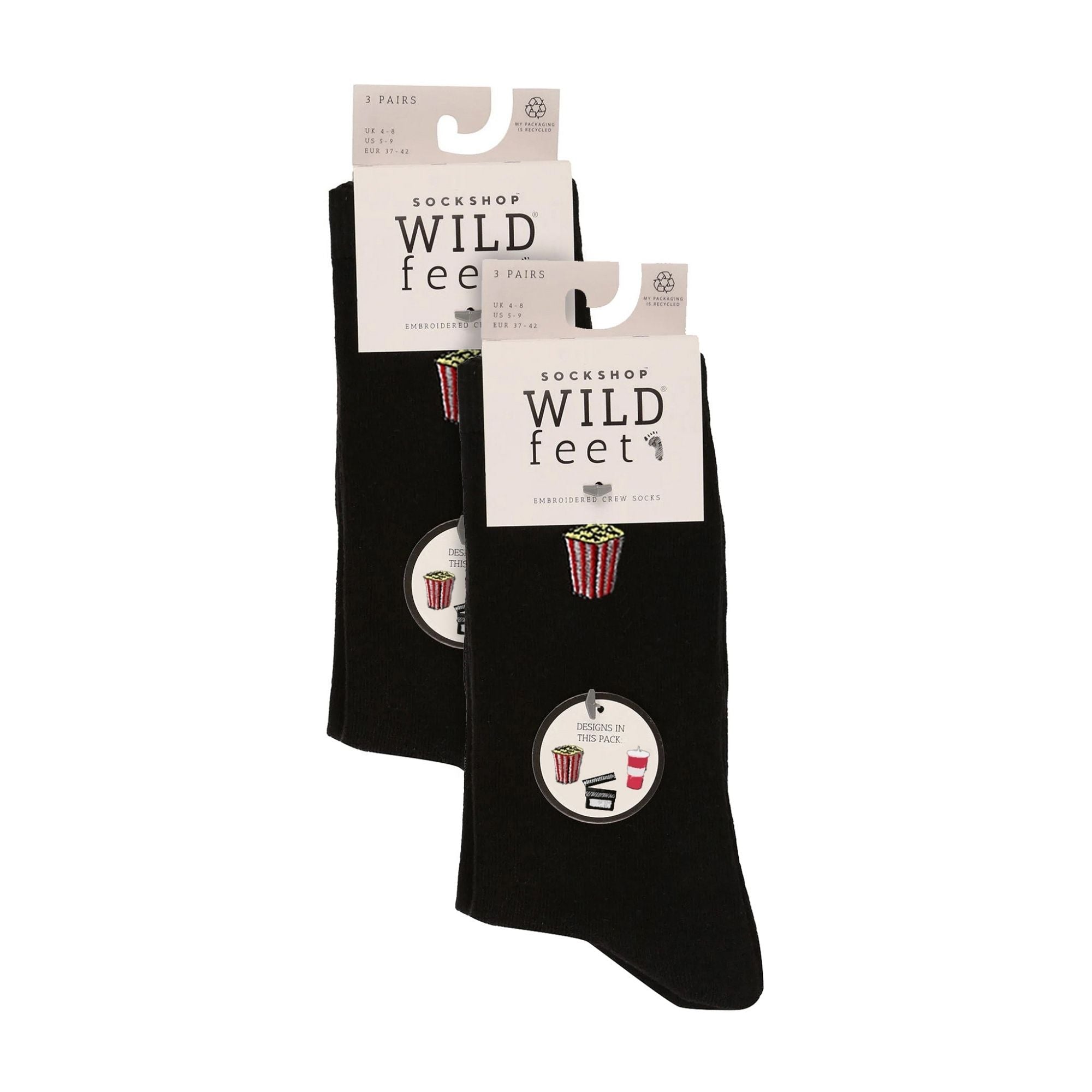 6 Pairs Ladies Multipack Black Novelty Socks: Embroidered Crew Cotton Socks