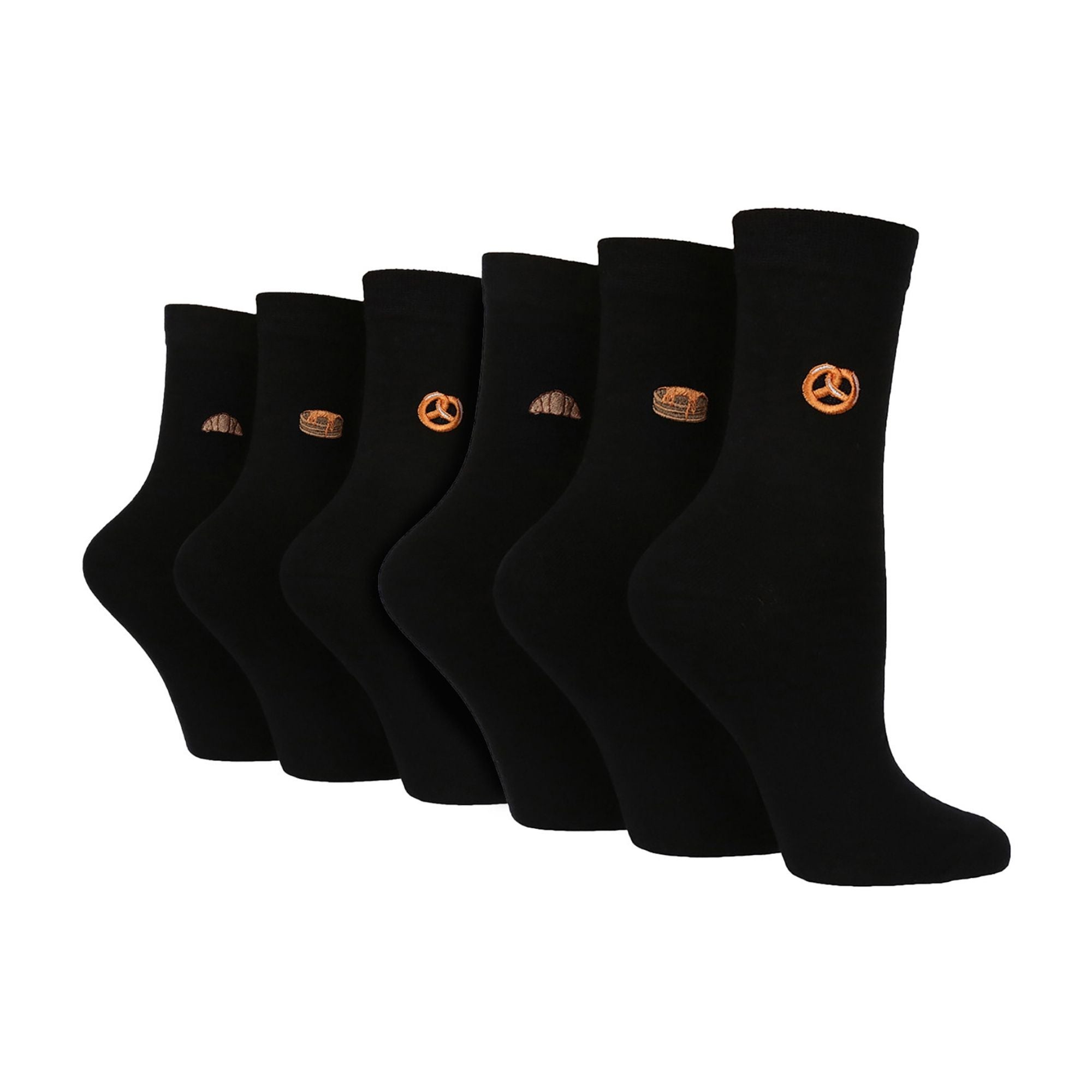 6 Pairs Ladies Multipack Black Novelty Socks: Embroidered Crew Cotton Socks