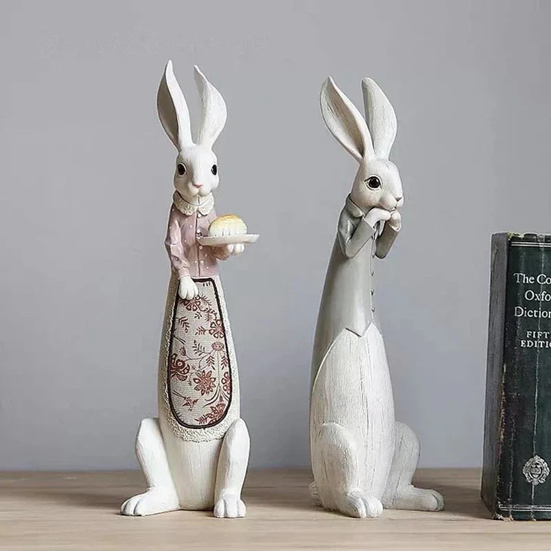 Country Rabbit Couple Ornaments – Hand-Painted Resin Figures for Easter or Year-Round Rustic Home Décor