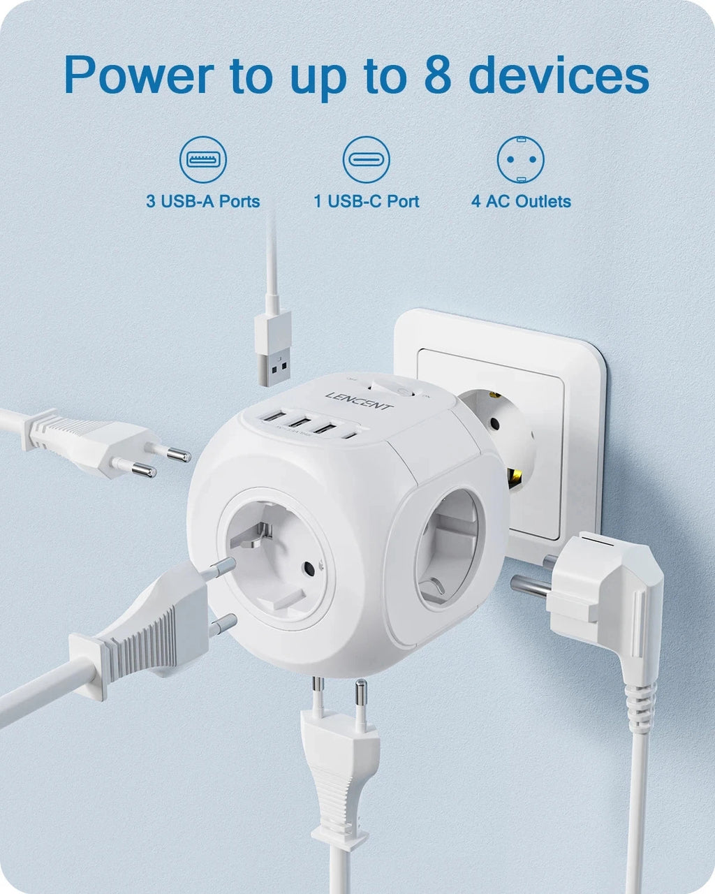 LENCENT EU Plug Wall Socket Extender with 4 AC Outlets+3 USB +1 Type C 5V/3A Charger Adapter 8-in-1 Socket On/Off Switch