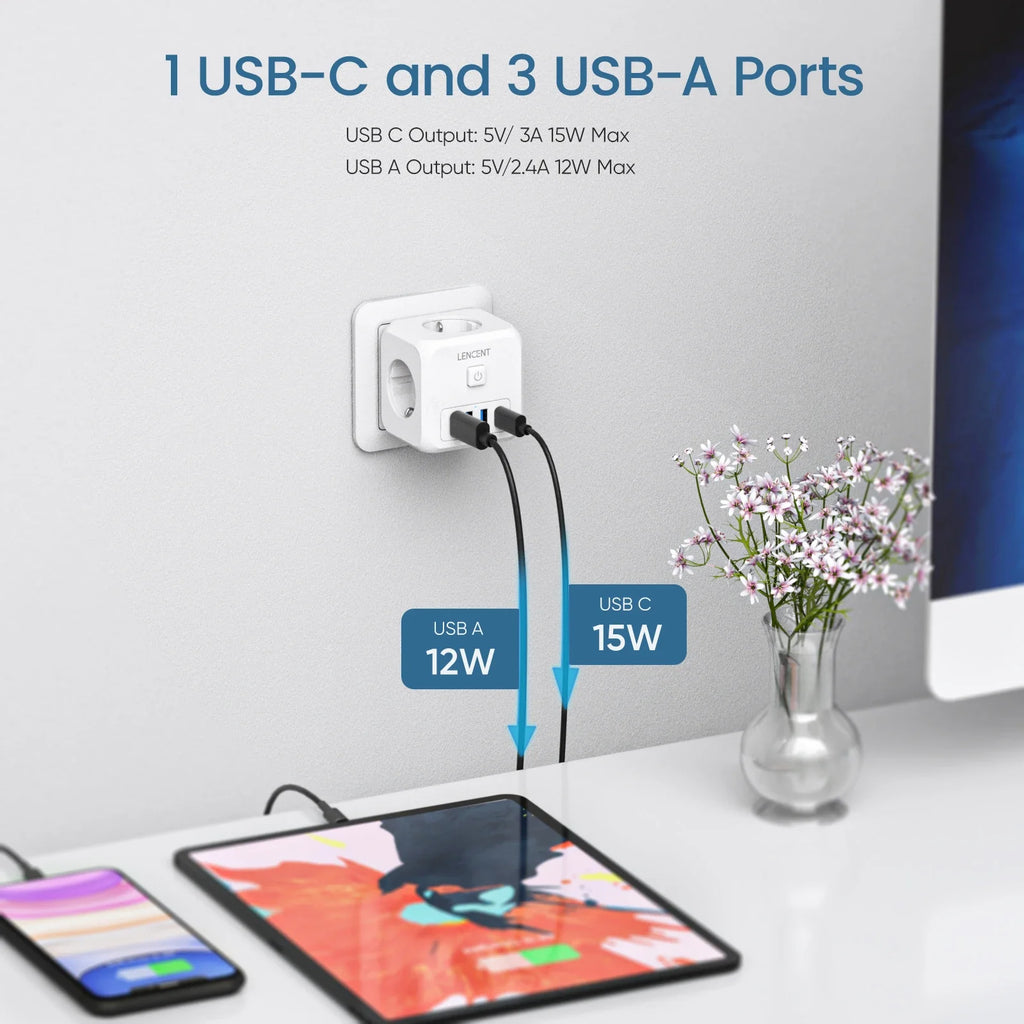LENCENT EU Plug Power Strip Wall Socket with 3 AC+3 USB QC 18W +1 Type C PD 35W Fast Charger Adapter 7-in-1 Socket On/Off Switch