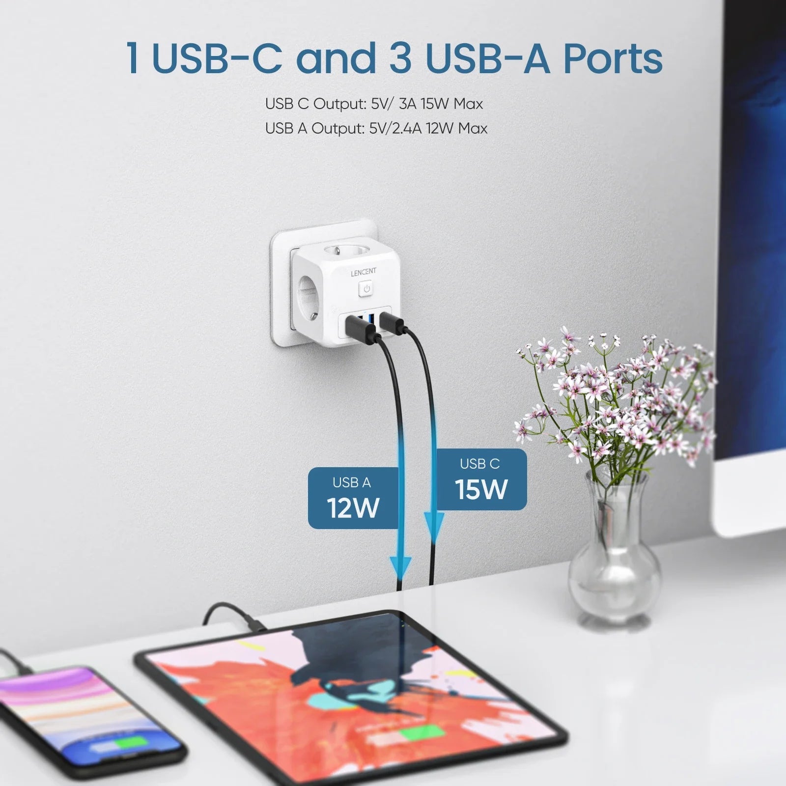 LENCENT EU Plug Power Strip Wall Socket with 3 AC+3 USB QC 18W +1 Type C PD 35W Fast Charger Adapter 7-in-1 Socket On/Off Switch