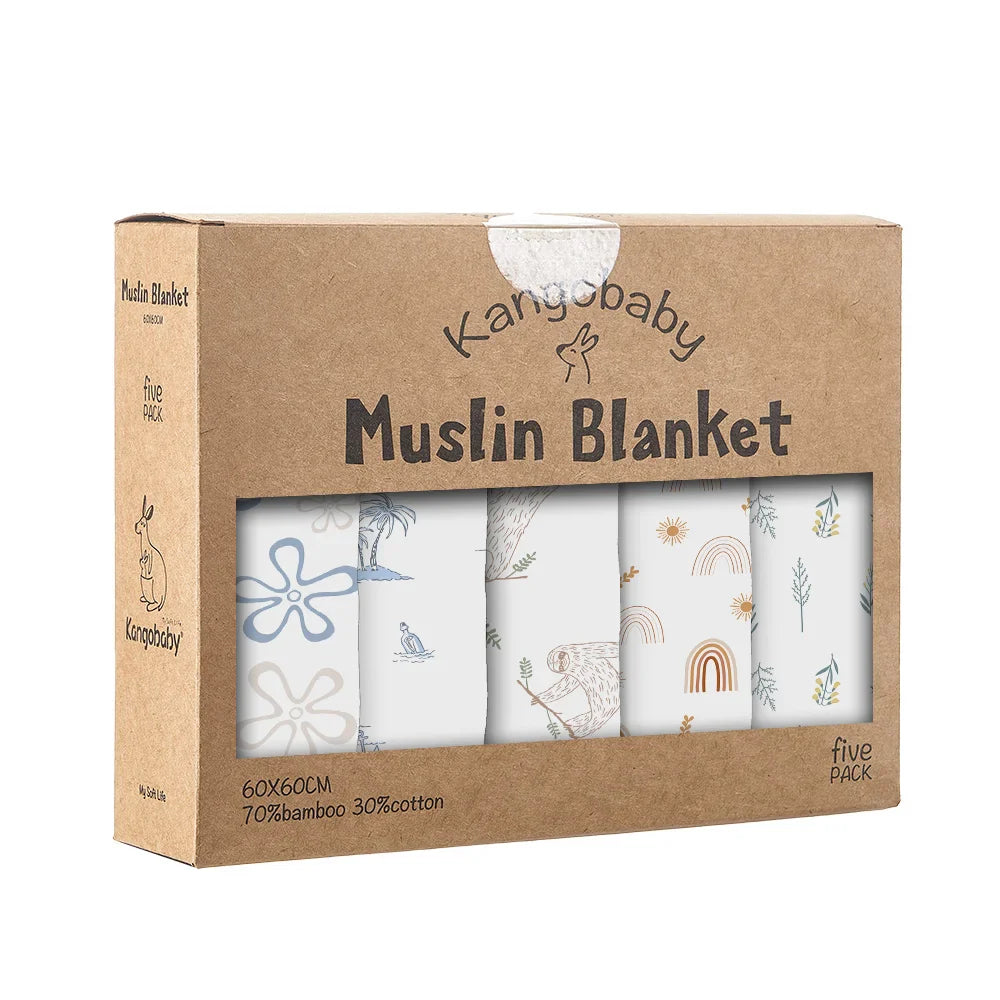 Kangobaby #My Soft Life# New 5pcs Pack Multi-Functional Bamboo Cotton Newborn Muslin Bib Antibacterial Baby Burp Cloth Set