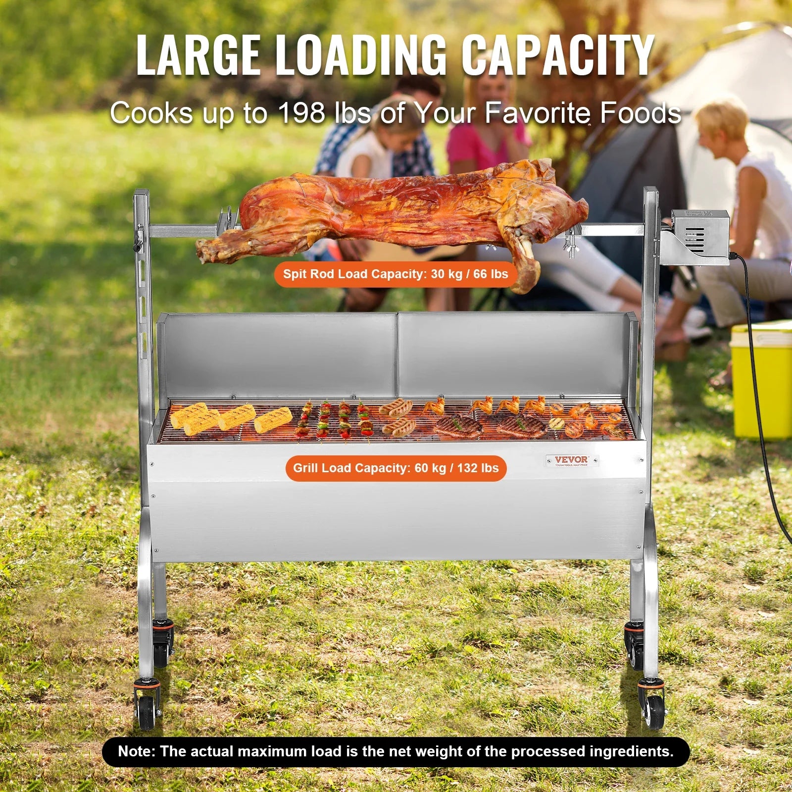 VEVOR 46inch Rotisserie Grill with Windscreen Charcoal Spit Grill 132 Lbs Capacity Stainless Steel Roaster with Lockable Wheels