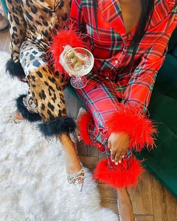 Women's Christmas Tree Plaid Satin Print Pajama Set
