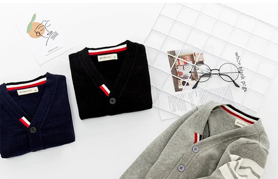 Kids Striped Knit Cardigan – Soft Cotton V-Neck Sweater for Boys & Girls, Warm Autumn Winter Knitwear