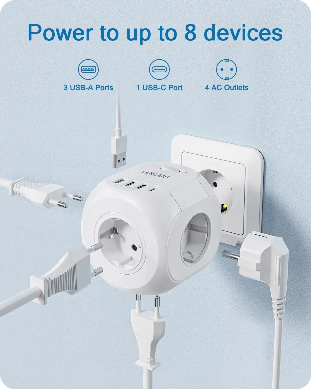 LENCENT EU Plug Wall Socket Extender with 4 AC Outlets+3 USB +1 Type C 5V/3A Charger Adapter 8-in-1 Socket On/Off Switch