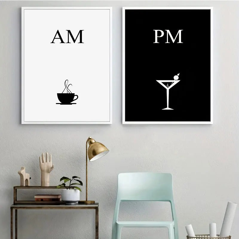 AM PM Poster Set – Modern Black and White Coffee & Cocktail Wall Art for Kitchen or Home Bar