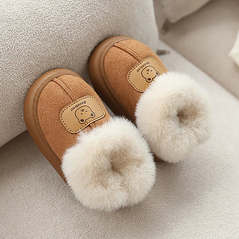 Unisex Cute Winter Boots for Toddlers Faux Fur Thick Warm Velvet Slip-On Baby Snow Footwear 1-3 Years Anti-Slippery PU Leather