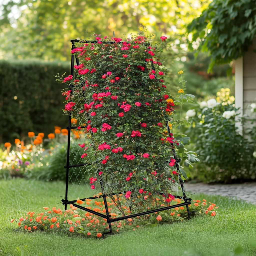 Metal A-Shaped Garden Arch Trellis for Climbing Plants Vegetable Cucumber Support Frame with Nylon Netting, Four Ground Spikes