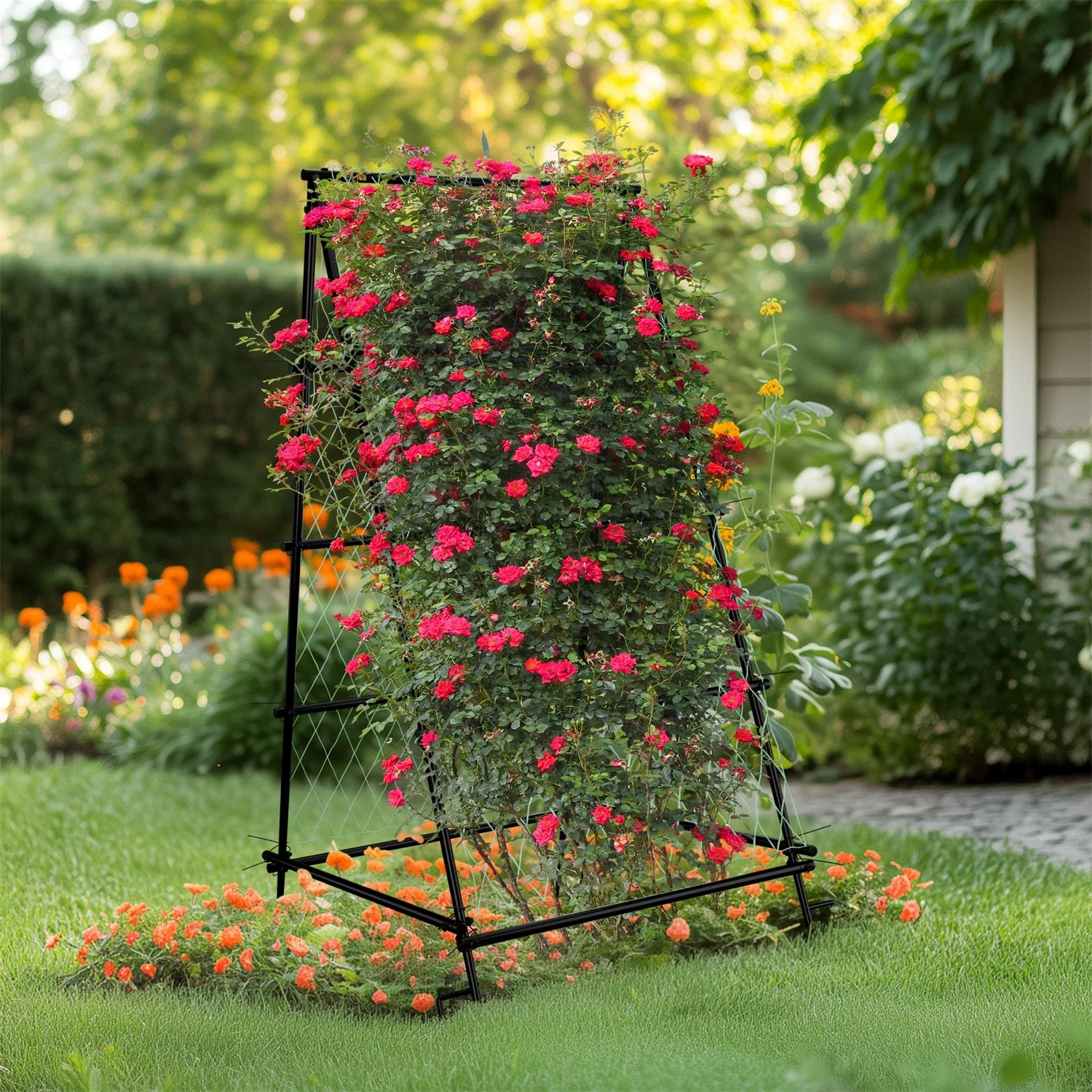Metal A-Shaped Garden Arch Trellis for Climbing Plants Vegetable Cucumber Support Frame with Nylon Netting, Four Ground Spikes