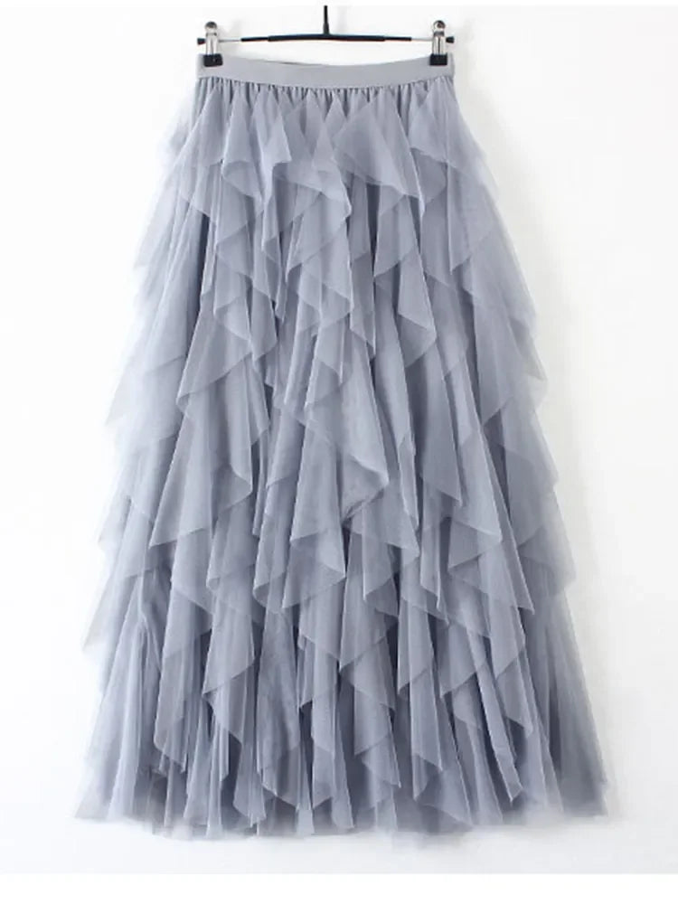 Tutu Tulle Long Maxi Skirt Women Fashion 2023 Korean Cute Pink High Waist Pleated Skirt Mesh Female Lady Aesthetic Faldas