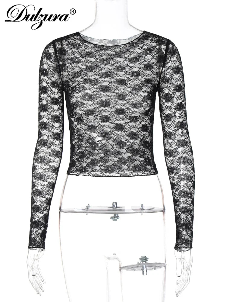 Dulzura Long Sleeves See Through Lace Crop Top Solid Sexy Bodycon T-Shirt For Women Party Club Spring Summer Clothes