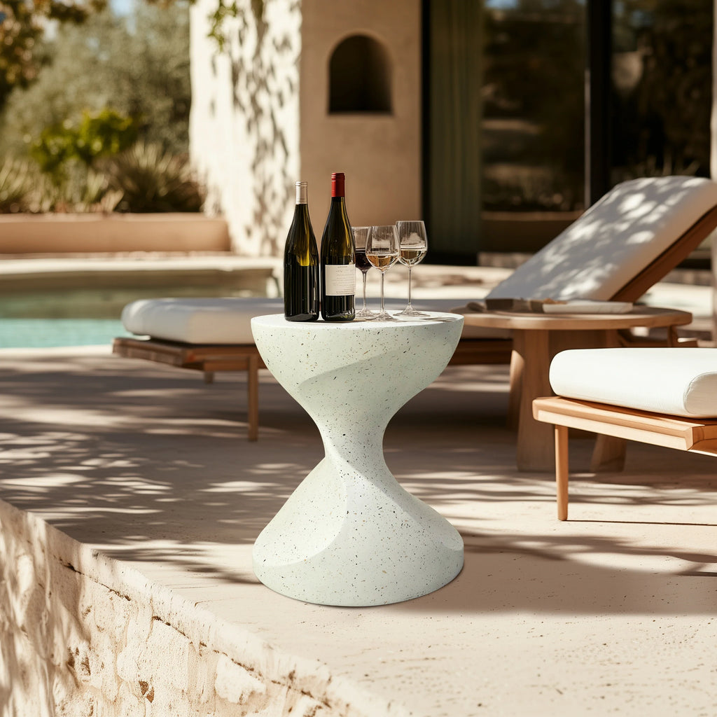 Hourglass Shaped Lightweight Concrete Side Table White Bedside Accent End Table for Living Room, Balcony
