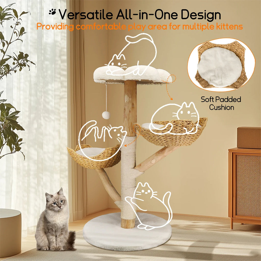 Modern Cat Tree Activity Tower with Plush Cushion and Toy Ball Sisal Scratching Post Kitten Play House for Indoor