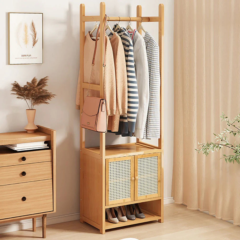 Bamboo Garment Rack, Heavy Duty Coat Stand, Wardrobe with 3 Storage Shelves, Shoe Shelf