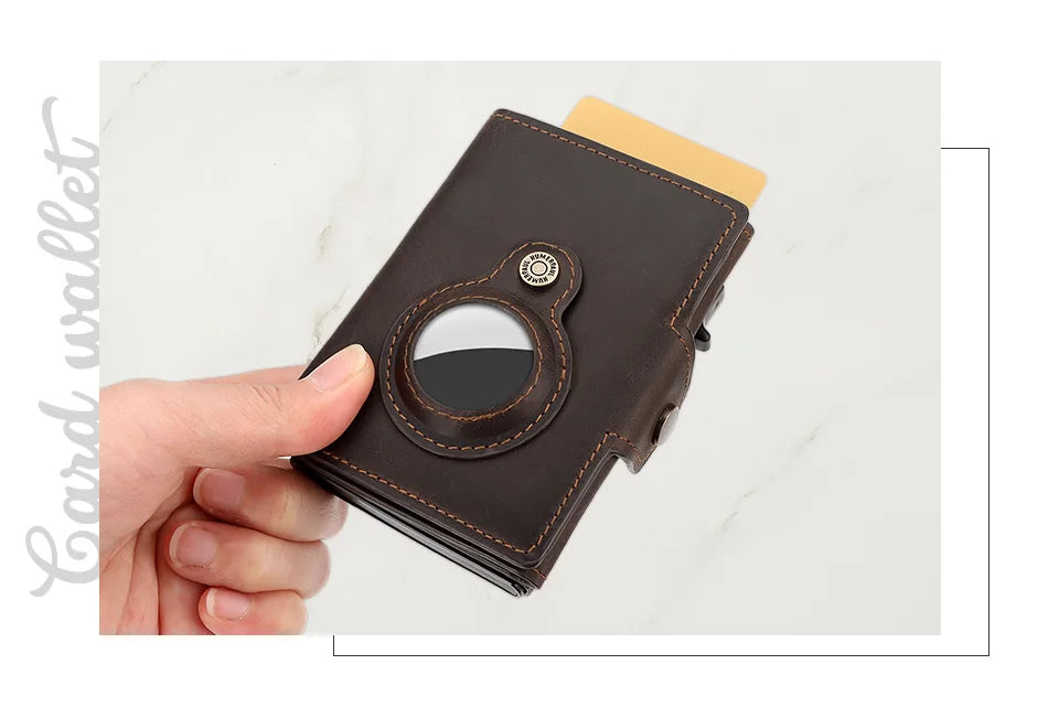 Anti-scan Magnet Credit Card Holder Wallet Genuine Leather Automatic Pop Out Aluminum Smart Wallets Luxury AirTag Purse Set