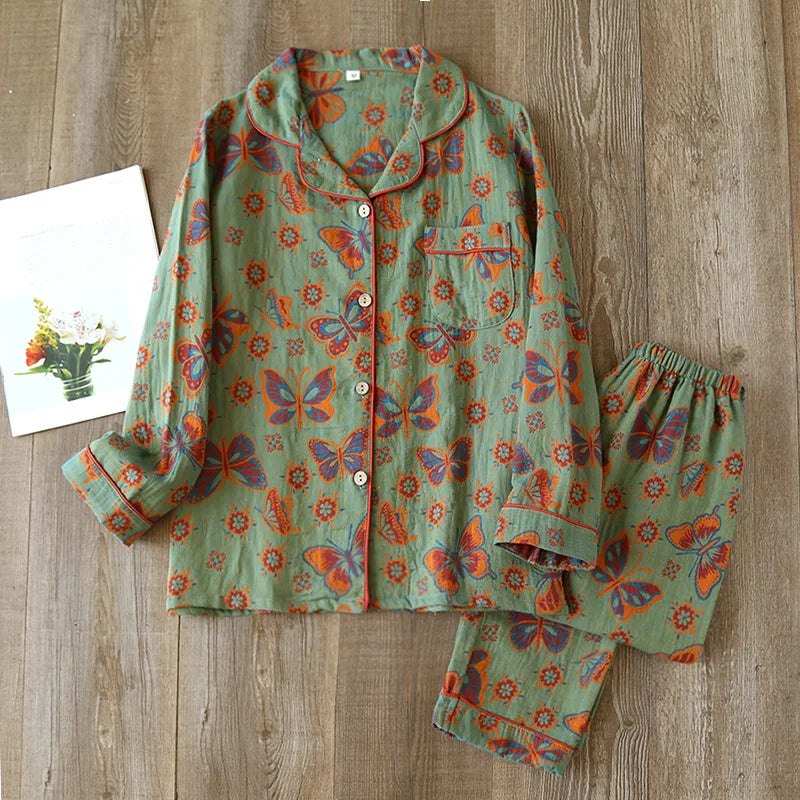 2024 Japanese Spring and Autumn New Women's Pajama Set 100% Cotton Vintage Long sleeved Pants Two Piece Set for Home Furnishings