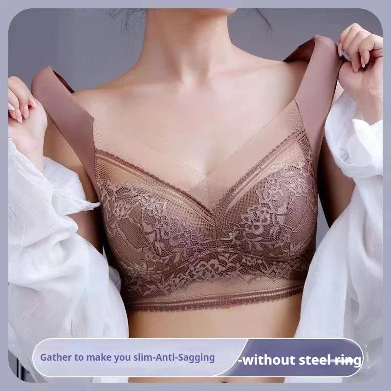 Sexy Lace Bras for Women Perspective Full Cup Solid Color Brassiere V-Neck Seamless Crop Top Female Push Up Breathable Lingerie