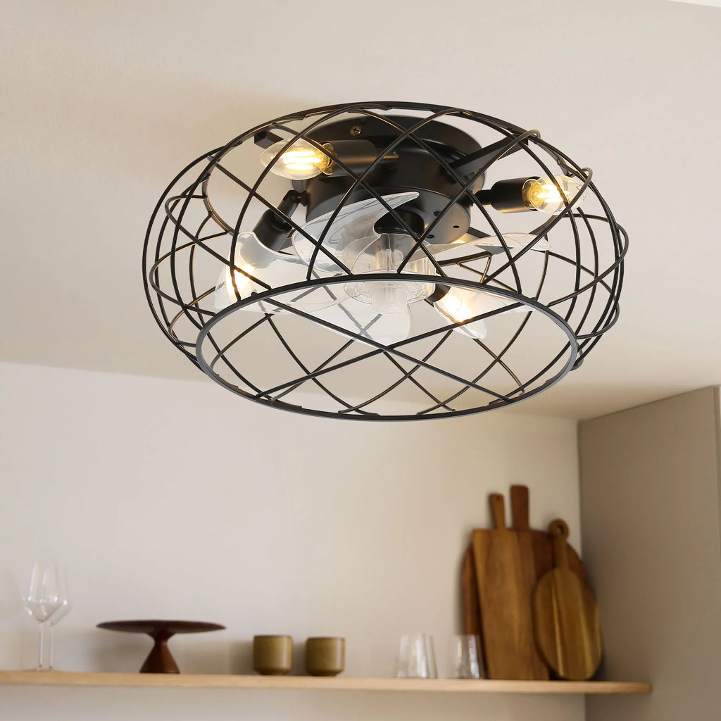 KOMORE Black Cage Ceiling Fan Light with Remote 5 Blades DC Motor for Office, Living Room, Bedroom