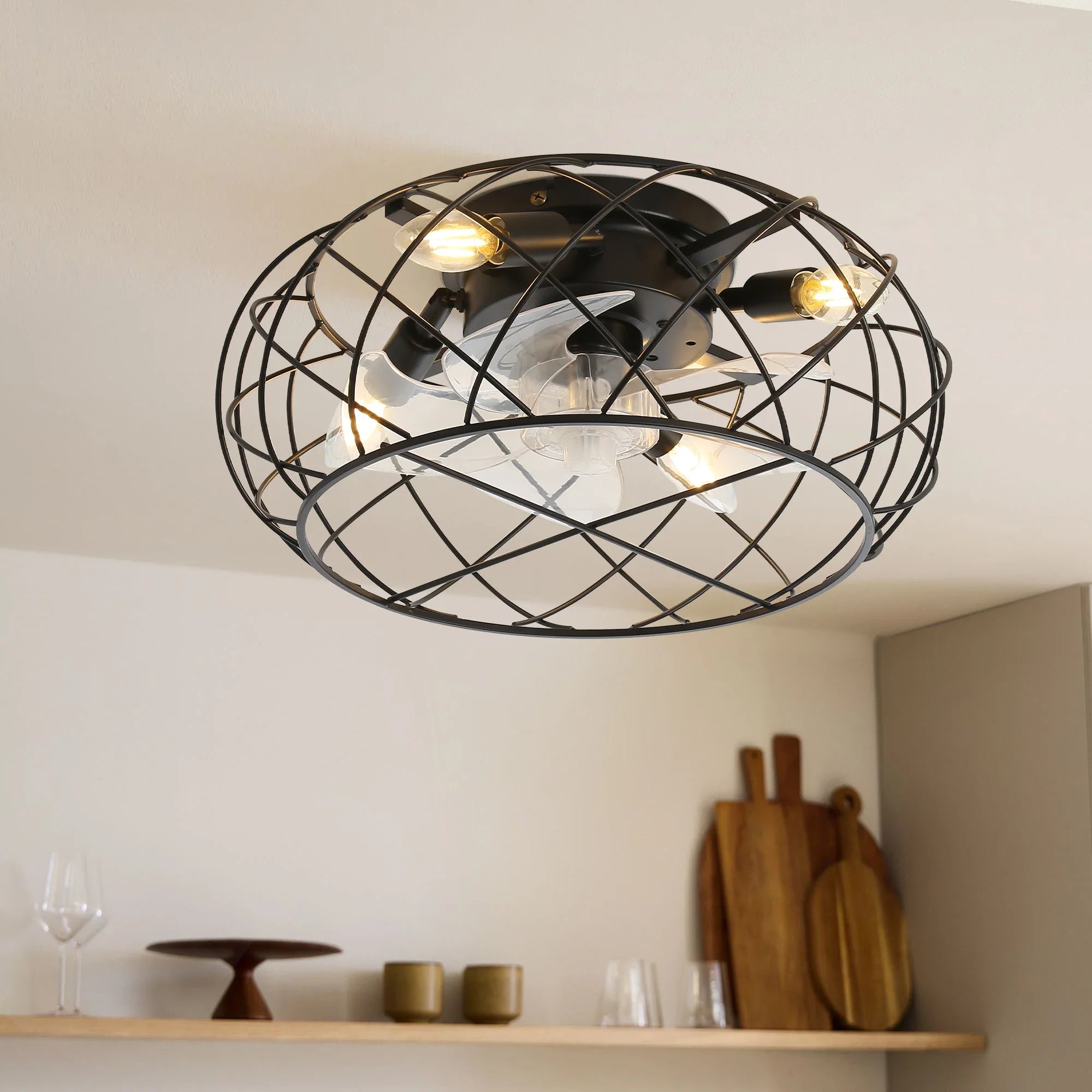 KOMORE Black Cage Ceiling Fan Light with Remote 5 Blades DC Motor for Office, Living Room, Bedroom