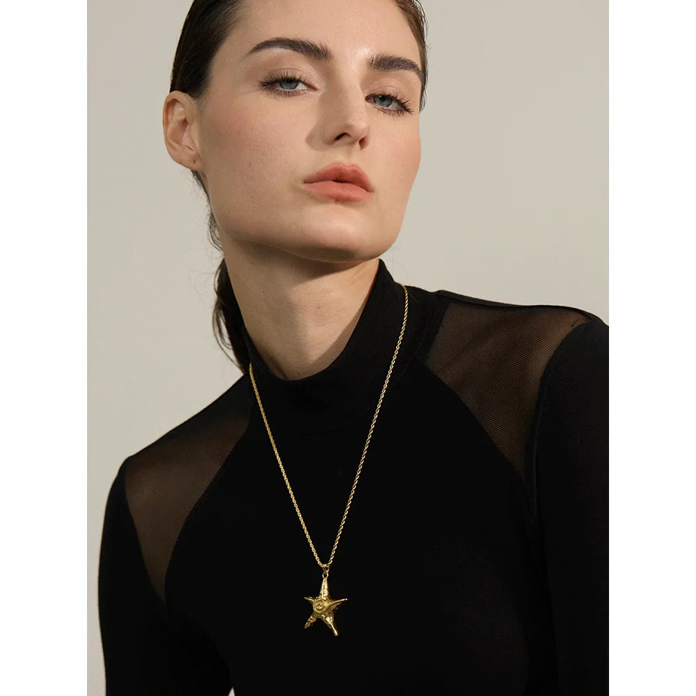 Yhpup 316L Stainless Steel Starfish Pendant Necklace Rust Proof Statement 18K Gold PVD Plated Individualistic Holiday Jewelry