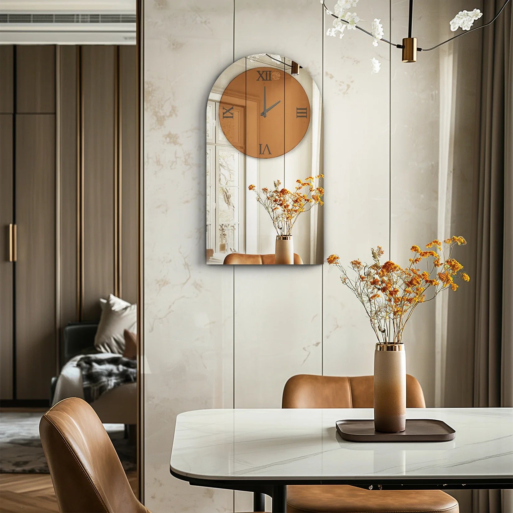 Modern Arched Mirrored Wall Clock Silver Glass Roman Numerals Decorative Clock for Living Room Bedroom