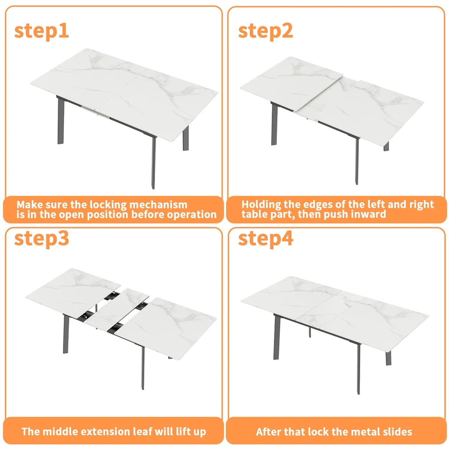 Extensible Dining Table Marble Top and Metal Frame Home Rectangular Kitchen Modern Furniture No Chairs