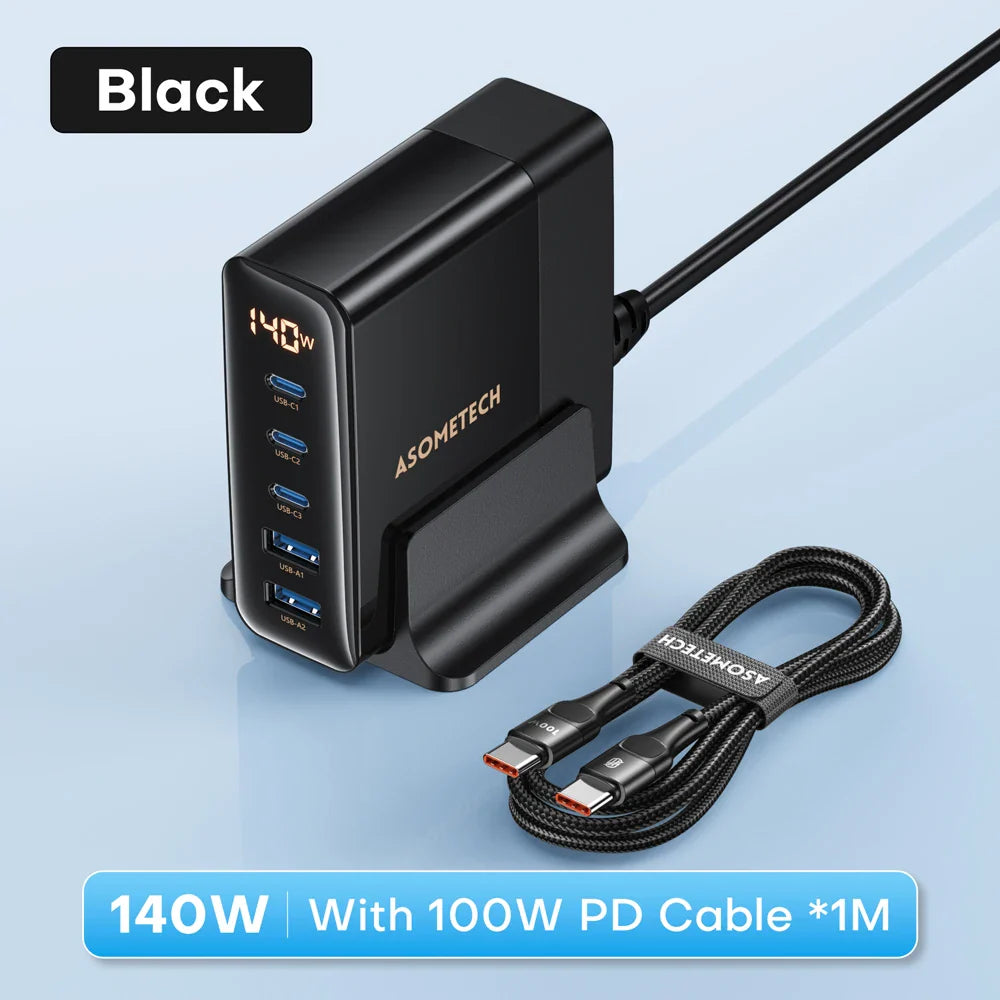 ASOMETECH 140W GaN USB Type C Fast Charger Multiple Ports QC4.0 PD Quick Charger For Macbook Laptop Tablet iPhone 14 Samsung S23