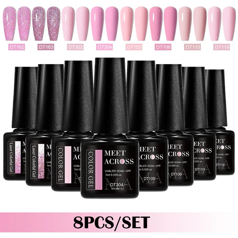 MEET ACROSS 8Pcs/Set Gel Nail Polish Set for All Season Neon Marcaron Green Red Series UV Gel Varnish Manicure Kit Nail Supplies