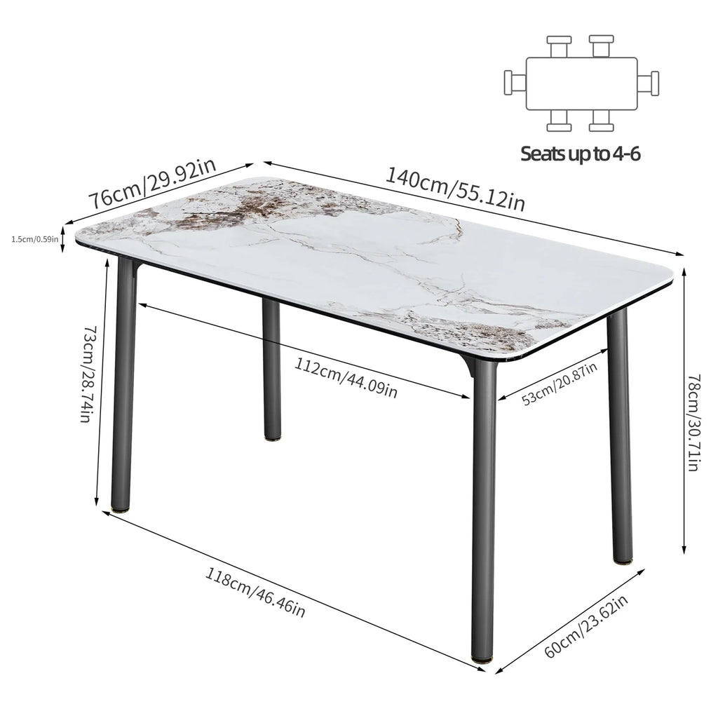 Ink Texture Sintered Stone & Glass Top Kitchen Dining Table No Chairs Rectangle Slate Dinner Table for Restaurant Cafe 1.4/1.6M