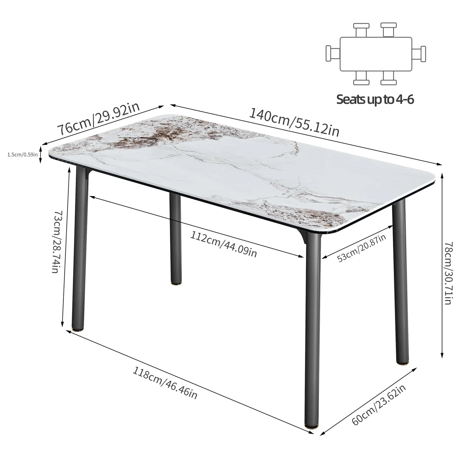 Ink Texture Sintered Stone & Glass Top Kitchen Dining Table No Chairs Rectangle Slate Dinner Table for Restaurant Cafe 1.4/1.6M