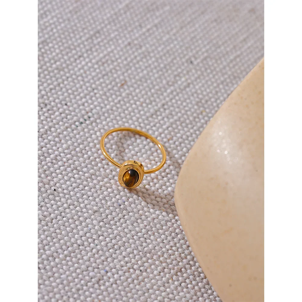 Yhpup Fashion Natural Stone Stainless Steel Oval Thin Chic Ring Women 18K PVD Plated Waterproof Jewelry Accessories 2024 Gift