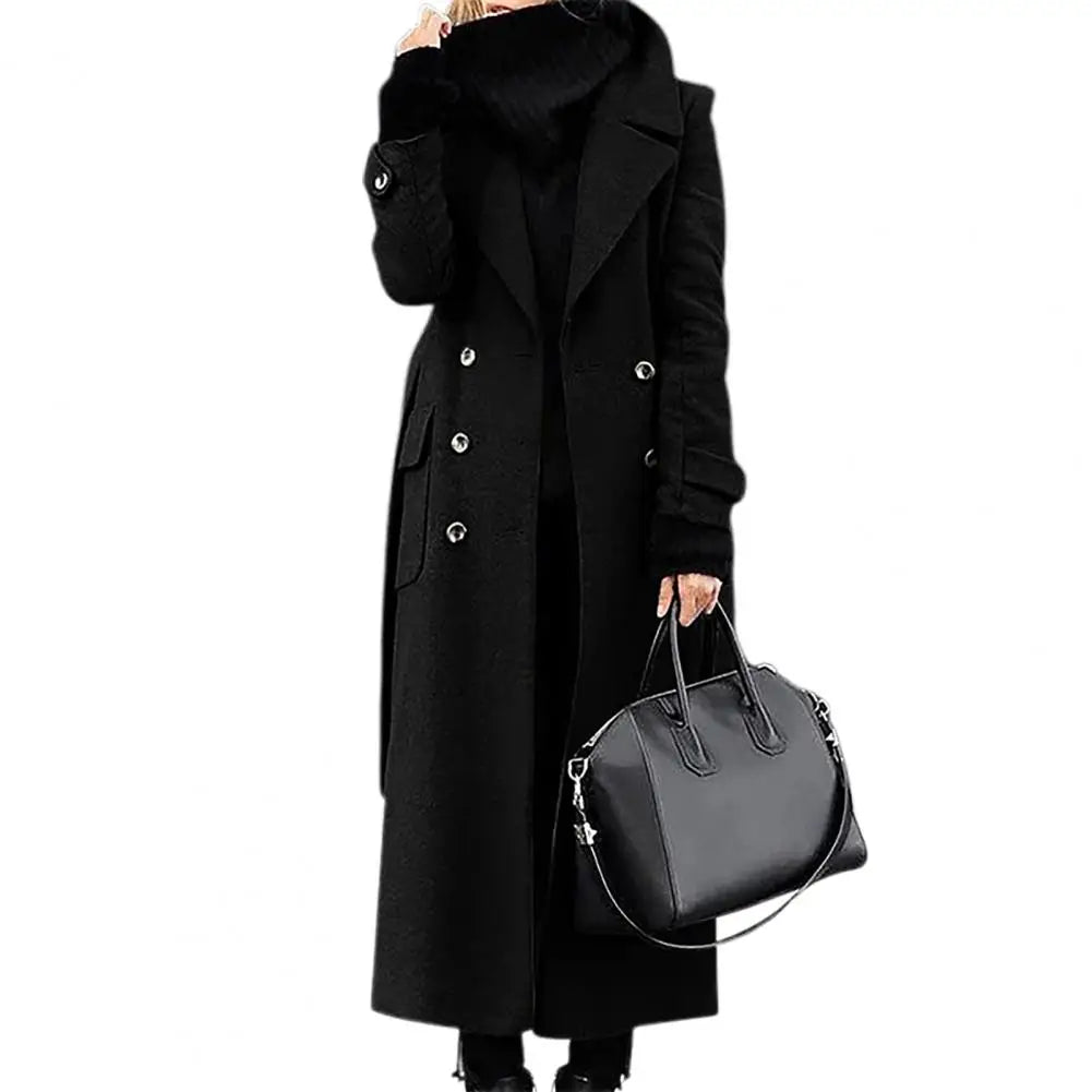 Women's Woollen Double-breasted Mid-calf Long Sleeves Jacket