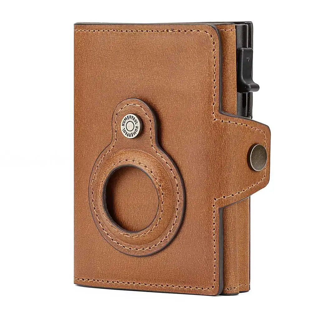 Anti-scan Magnet Credit Card Holder Wallet Genuine Leather Automatic Pop Out Aluminum Smart Wallets Luxury AirTag Purse Set
