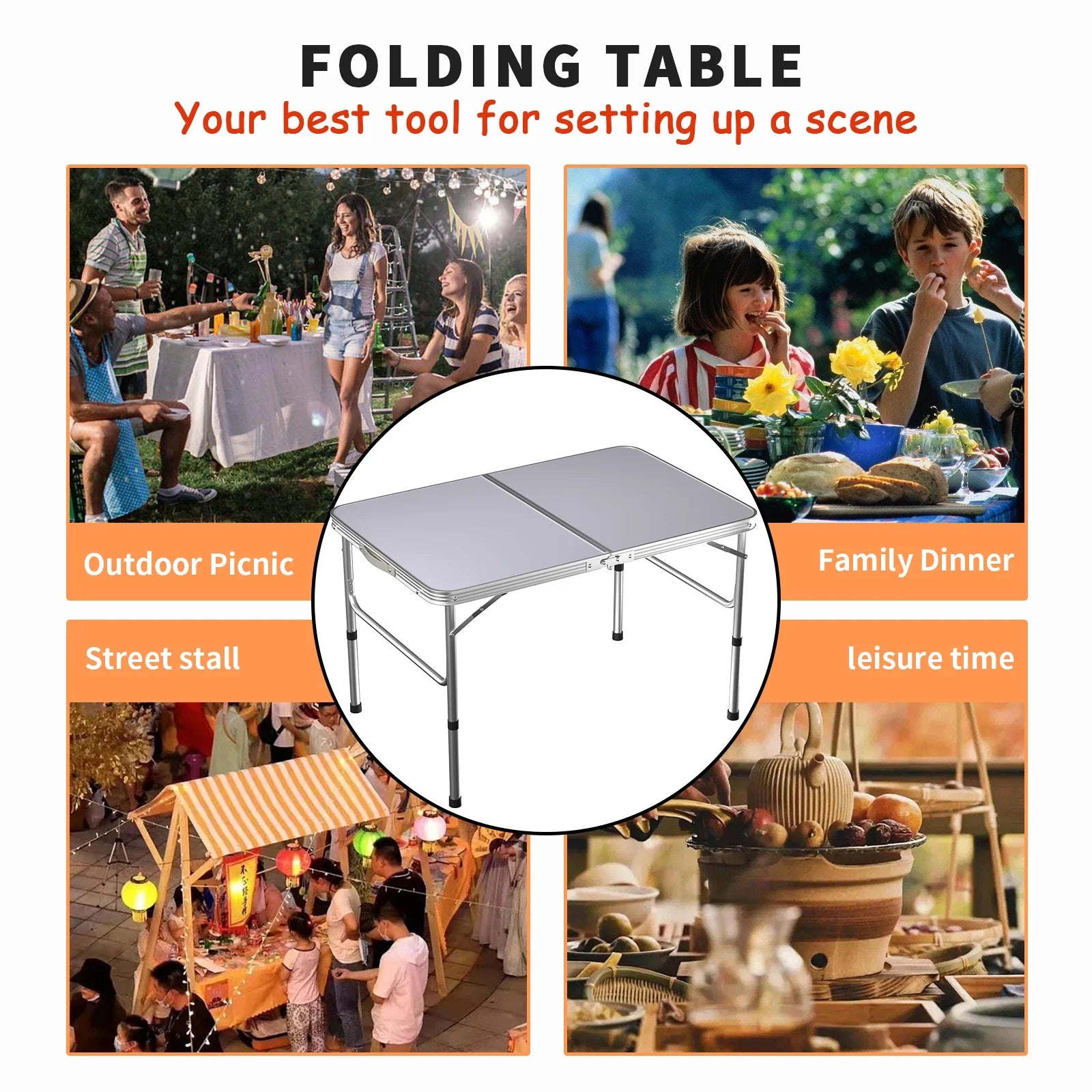 Picnic Folding Table Aluminium Foldable Adjustable Portable White Camping Table with Carrying Handle 90x60x37/67cm