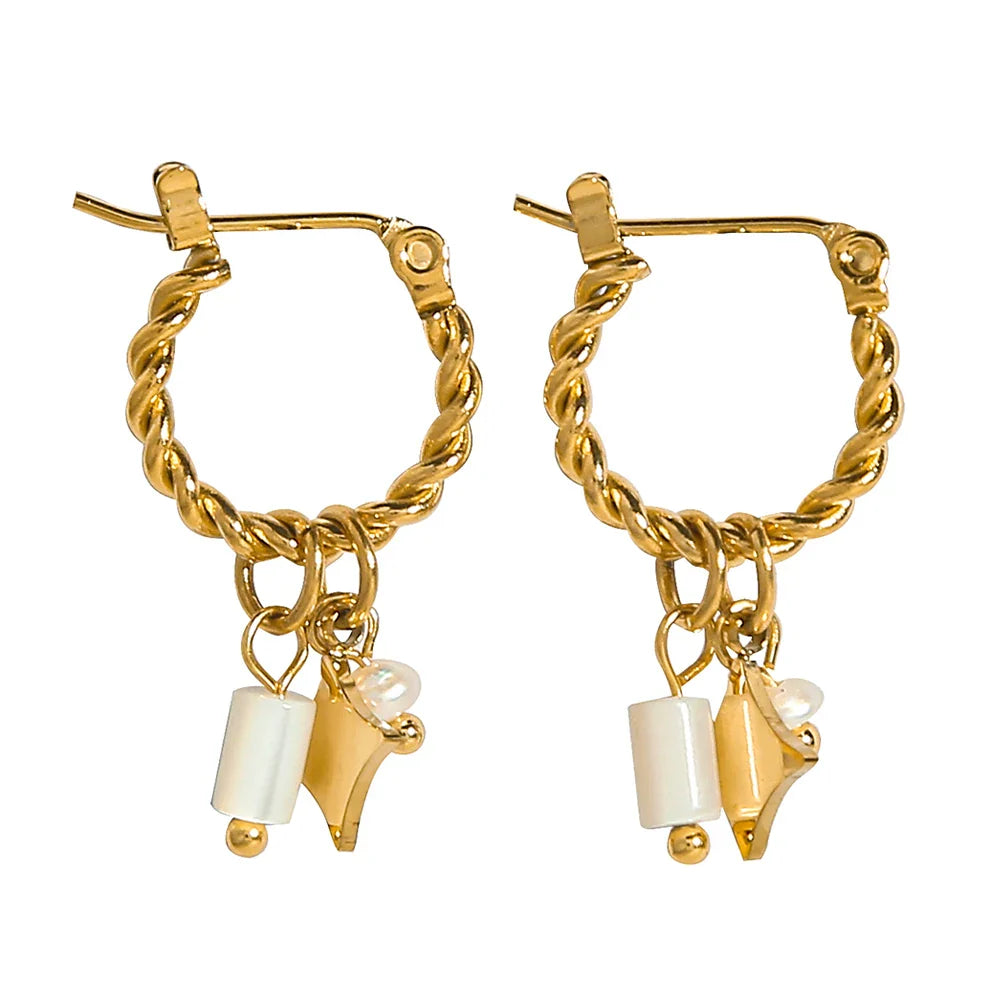 YACHAN 18K Gold Plated Stainless Steel Hoop Earrings for Women Natural Stone Pink Cute Charms Waterproof Jewelry