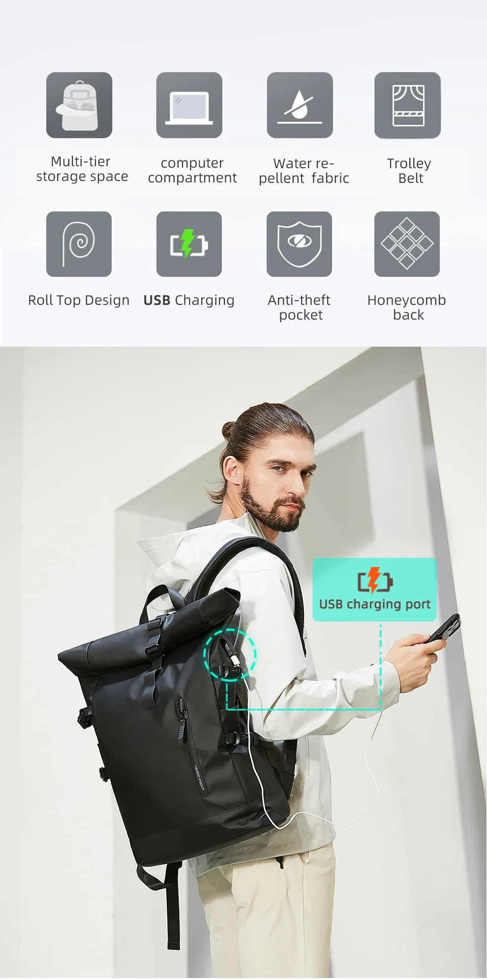 HK Expandable Travel Backpack Men Large Capacity Waterproof 15.6” Laptop Bag Hiking Rucksack Cycling Daypack Bag with USB Port