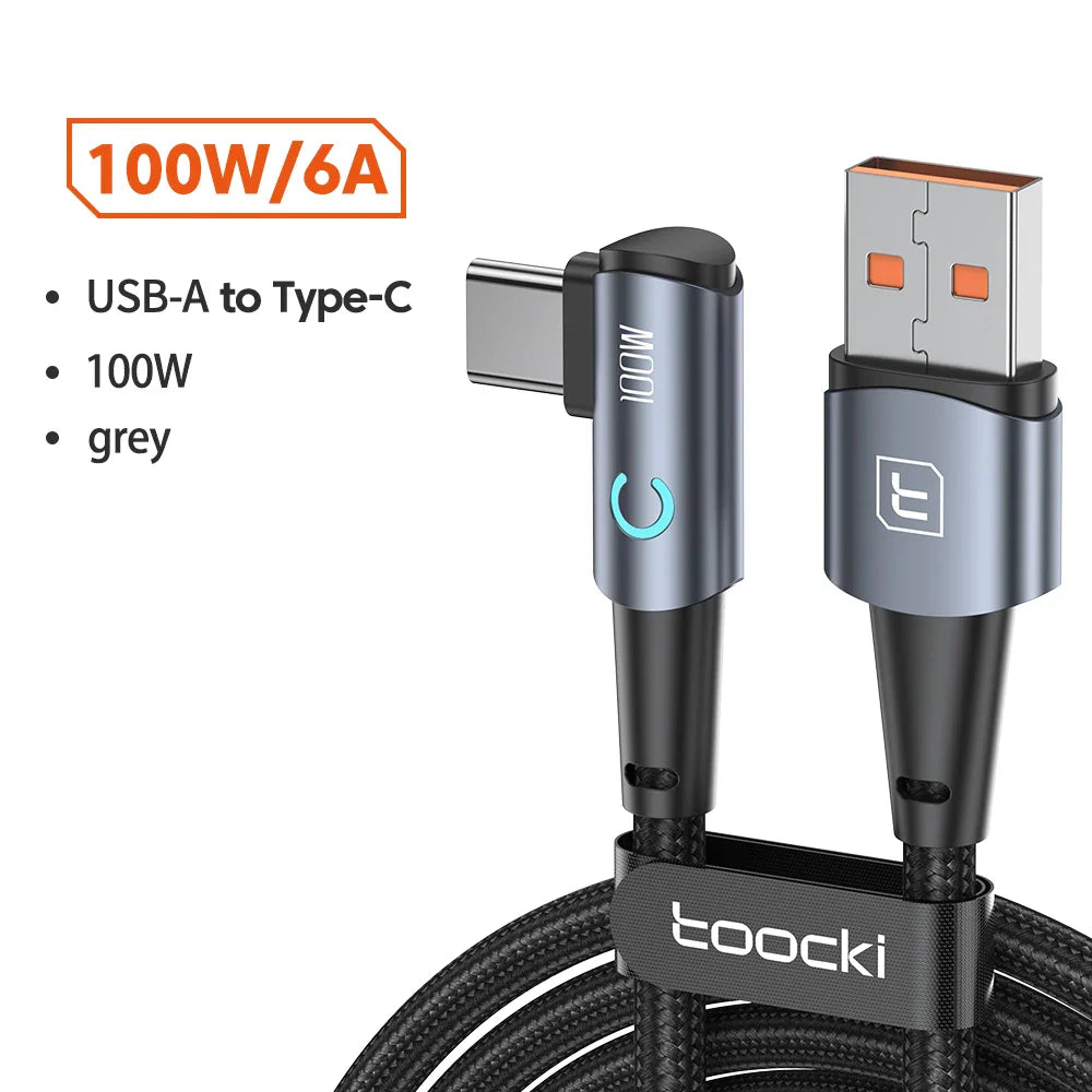 Toocki 90 Degree Elbow USB Type C Cable 100W 5A Fast Charging Data Cord For Huawei Xiaomi Samsung USB C To Type C Cable Gaming