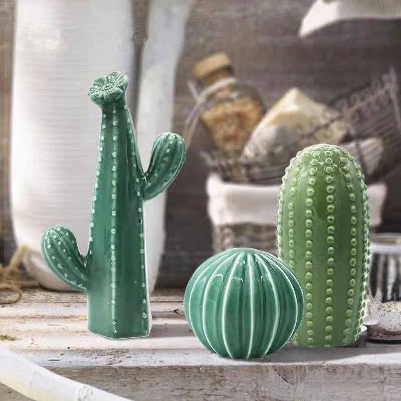 Ceramic Cactus Ornament – Nordic Green Decorative Home Art Sculpture