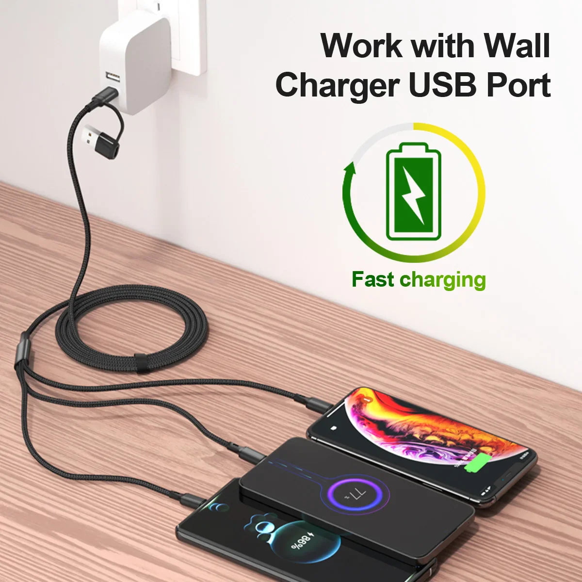 3 In 1 Fast Charging Cord For iPhone Huawei Micro USB Type C Charger Cable 1.2m Multi Usb Port Multiple Usb Charging Cord