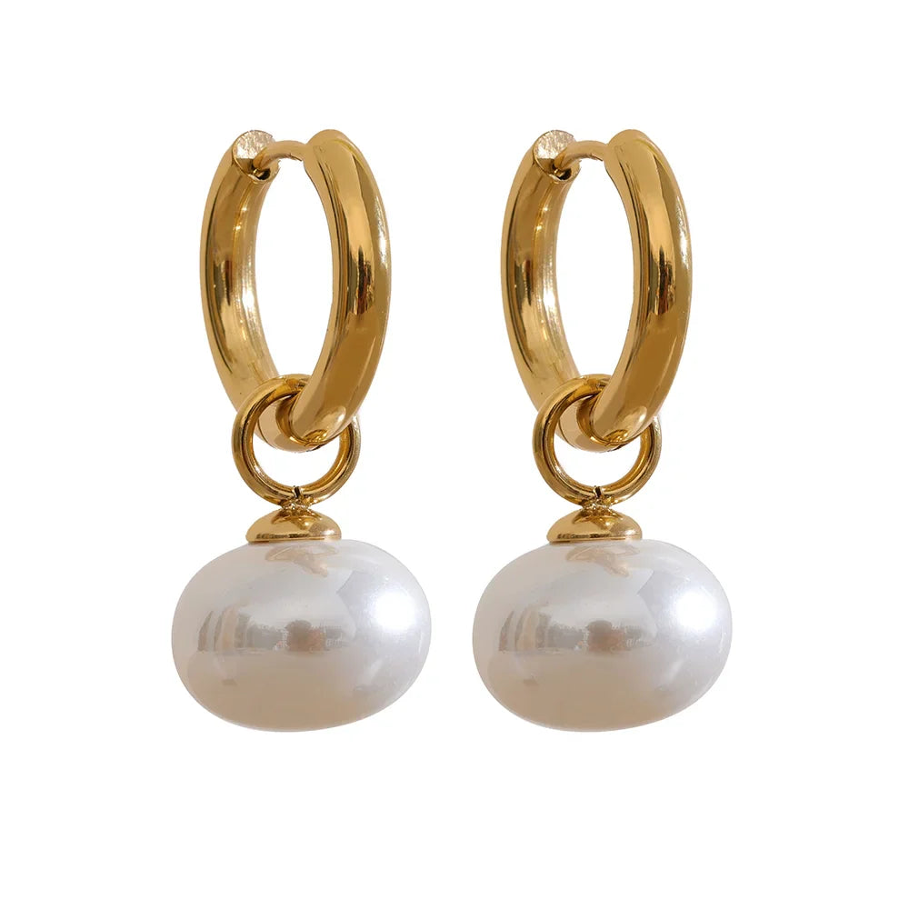 Yhpup High Quality Imitation Pearls Drop Stainless Steel Golden Korean Hoop Earrings Charms Fashion Jewelry Bijoux Femme Gift