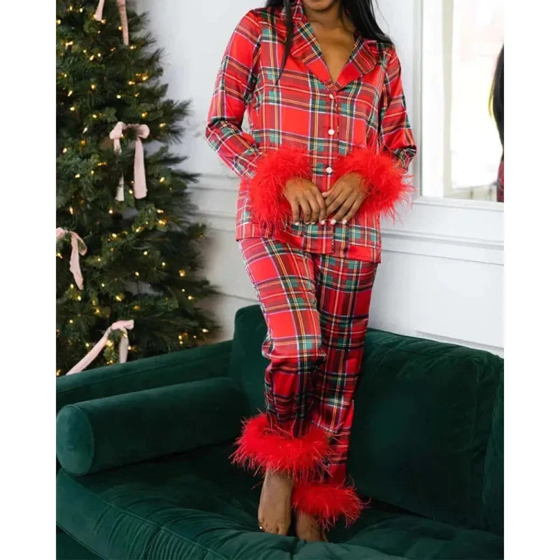 Women's Christmas Tree Plaid Satin Print Pajama Set Autumn Winter Home Sleepwear Long Sleeve Ankle-Length Pants Mid-Waist