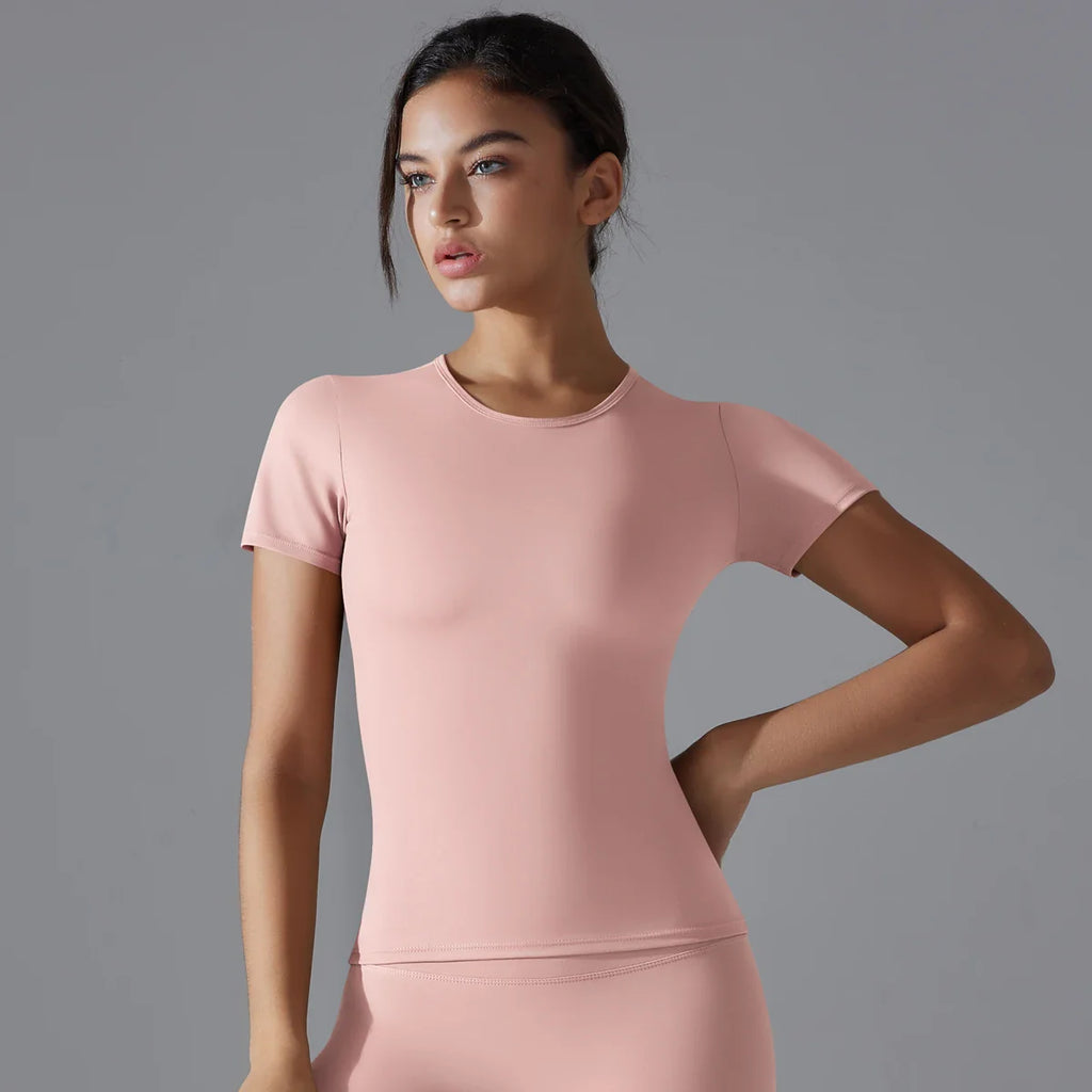 Women Running Sports T Shirt Summer Short Sleeve Round Neck Breathable Stretchy GYM Yoga Slim Fitness Active Top Tee