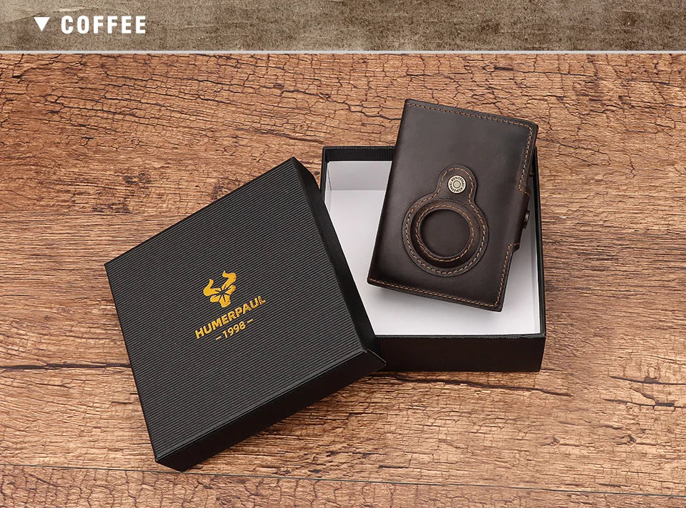 Anti-scan Magnet Credit Card Holder Wallet Genuine Leather Automatic Pop Out Aluminum Smart Wallets Luxury AirTag Purse Set