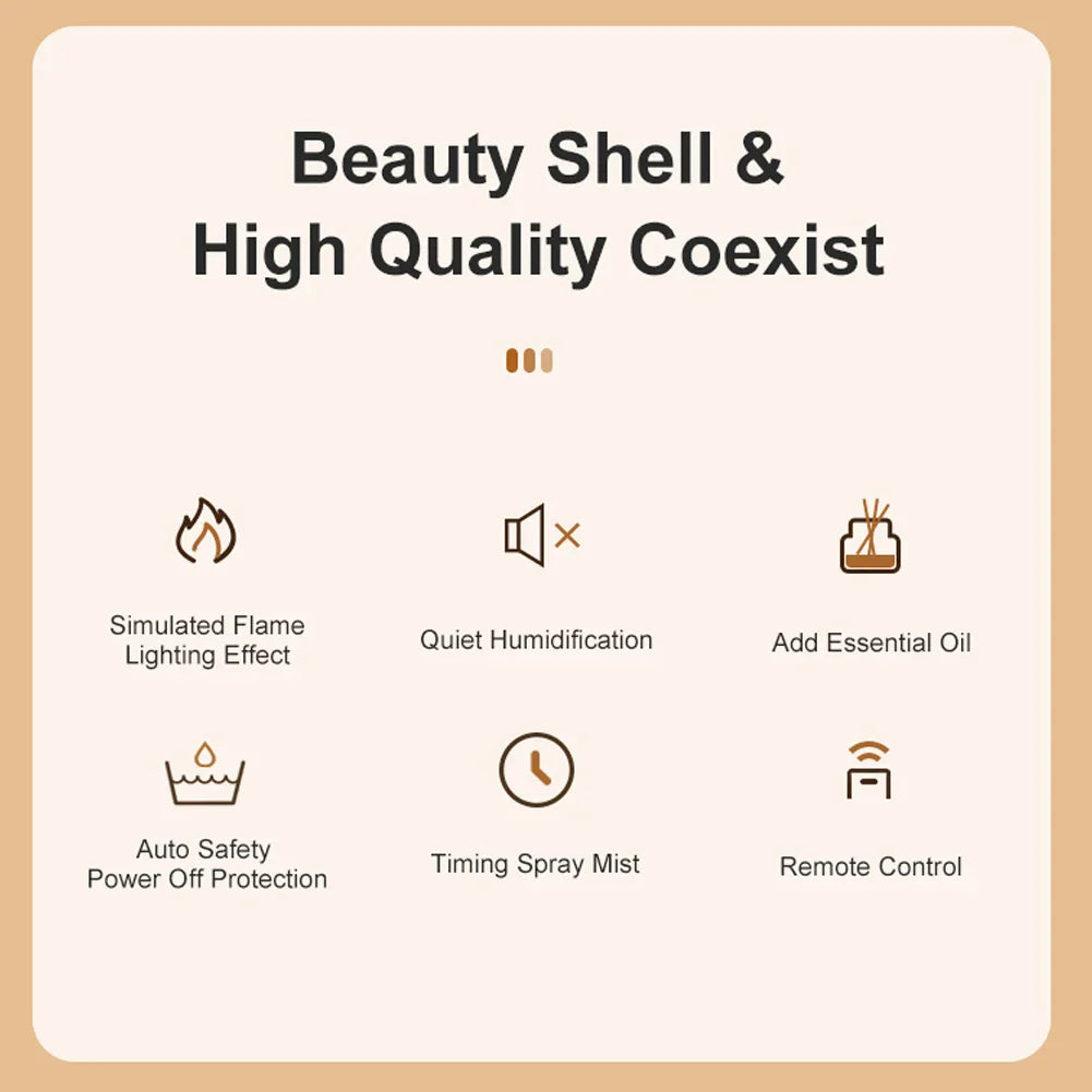 Fireplace Air Humidifier Dynamic Flame Essential Oil Diffuser 150ml Aromatherapy Diffuser with Timer Cool Mist Humidifier