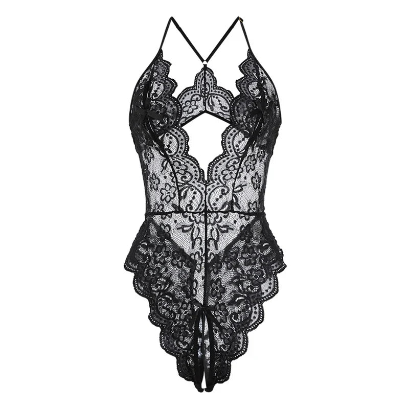 Sexy Crotchless Blue Lingerie Women Lace Hollow Bodysuit Erotic Pajamas Teddy Babydoll Dress Deep V Open Bra Porn Underwear Set